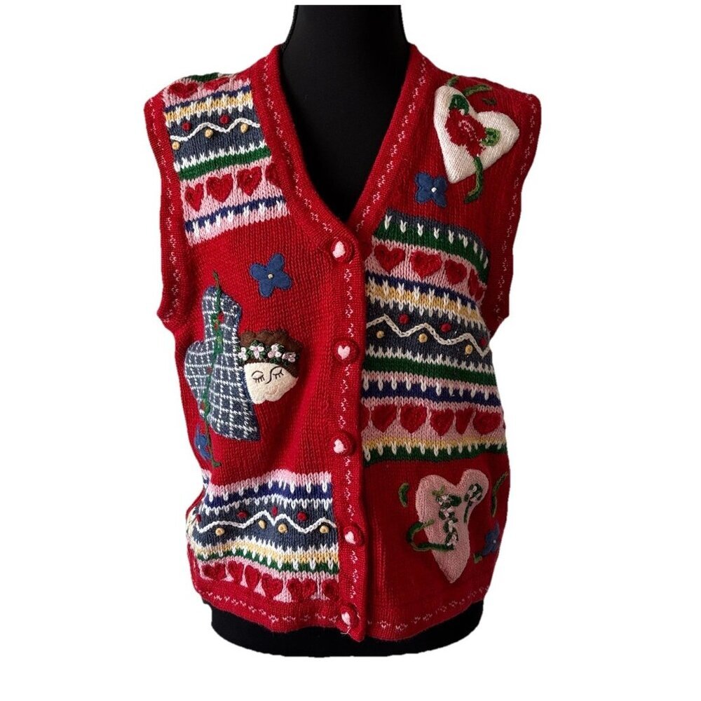 VTG Karen Scott Red Sweater‎ Vest Fair Isle Hearts Flowers Size M GrandmaCore